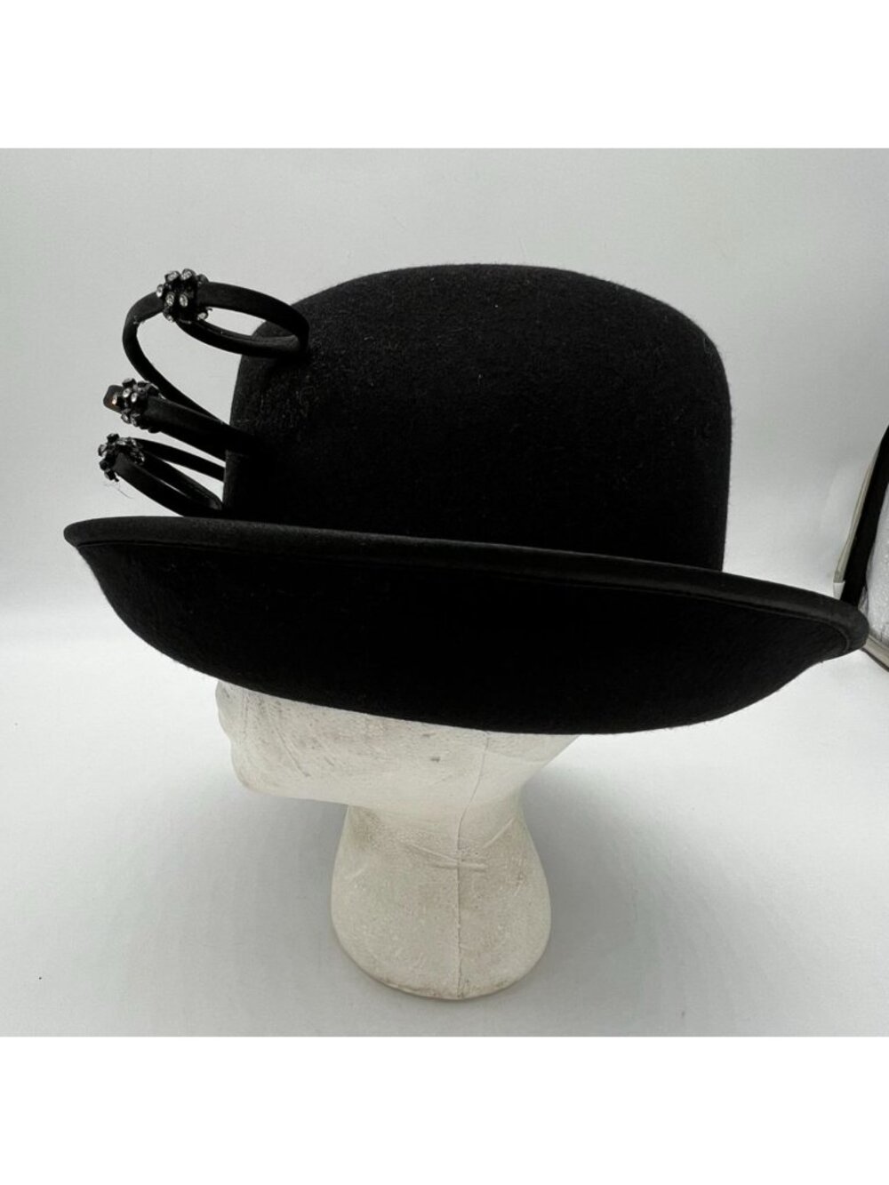 June's Young Womens 100% Wool Decorative Fascinator Hat Black Floral Rhinestone - Picture 8 of 10